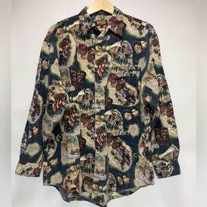 Vintage WindRiver Camping/Nature Print Button Up Shirt Mens Large 100% Cotton